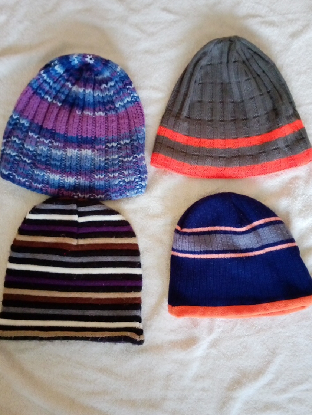 Assorted Unisex Knit Beanie Hat Pack - Purple, Gray, Navy, Brown Stripes